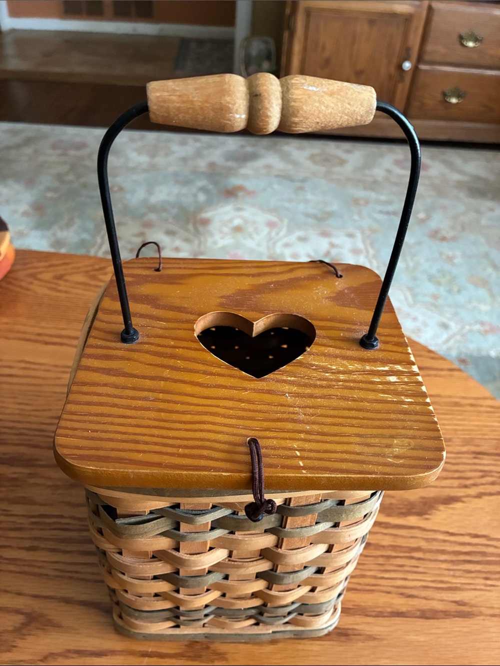 Wood and Wicker Heart-Top Decorative Basket - Brown